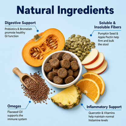 Natural ingredients - pumpkin, probiotics, fiber, quercetin