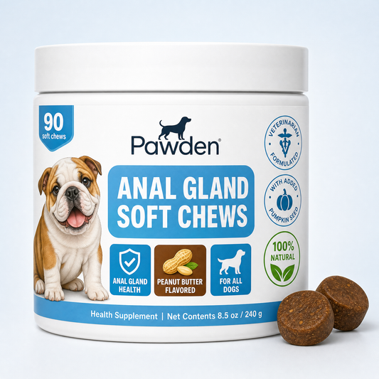 Pawden Anal Gland Soft Chews tub with peanut butter flavored chews