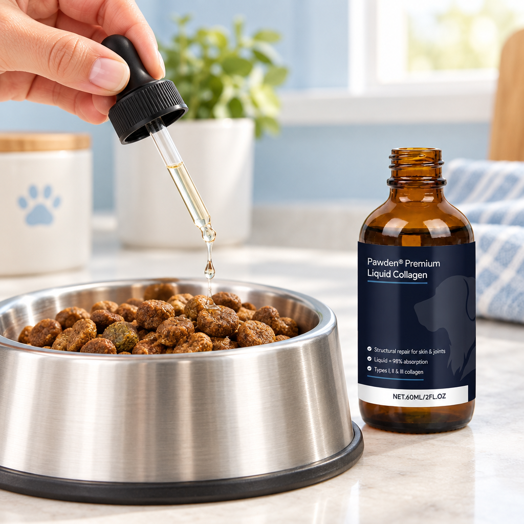 Adding Pawden Liquid Collagen to a bowl of dog food with the dropper